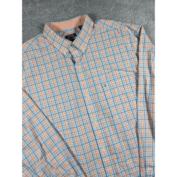Izod Other - IZOD Button Down Shirt L Blue Peach‎ Mens Plaid Premium Essentials Long Sleeve